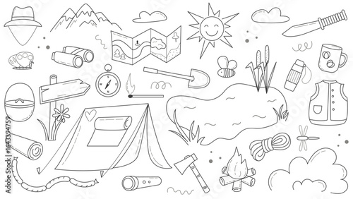 Hand drawn camping and hiking set