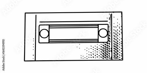 Outline drawing of a cassette tape player with circles and rectangle shapes and halftone pattern design