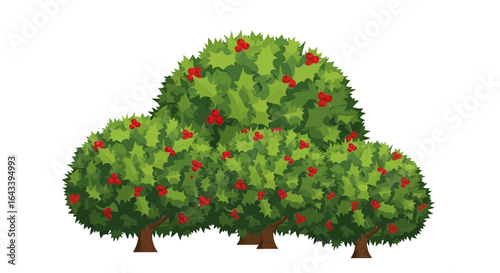 Group of stylized holly trees with vivid green leaves and bright red berries