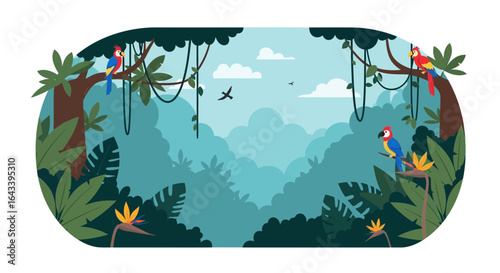 Lush Jungle Scene with Colorful Macaws and Tropical Foliage Illustration