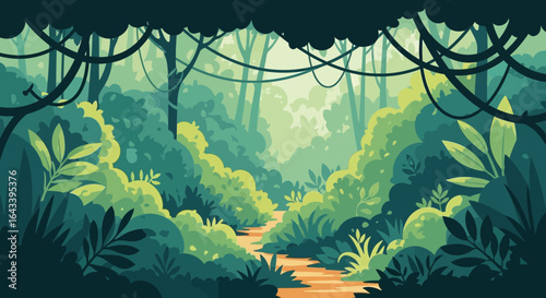 Lush jungle with vibrant greenery and a winding stream, illustration style
