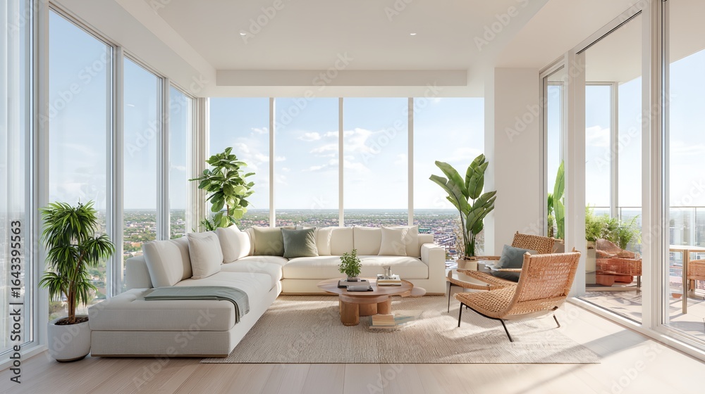 Fototapeta premium Large white living room with a couch, a coffee table, and a few potted plants.