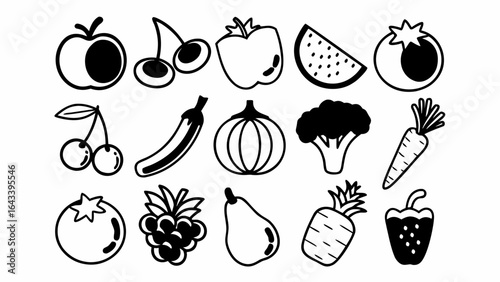Illustration of a variety of fruits and vegetables in black and white outline style with bold lines