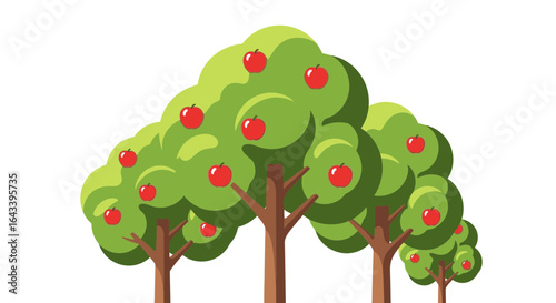 Scenic cartoon apple orchard with ripening red fruits and green foliage