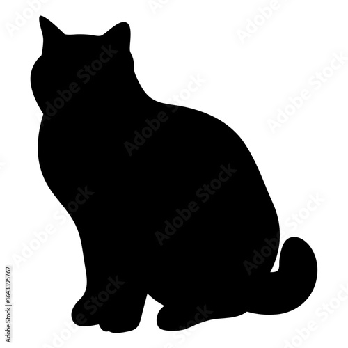 A silhouette image depicts a fluffy cat sitting and looking towards the left