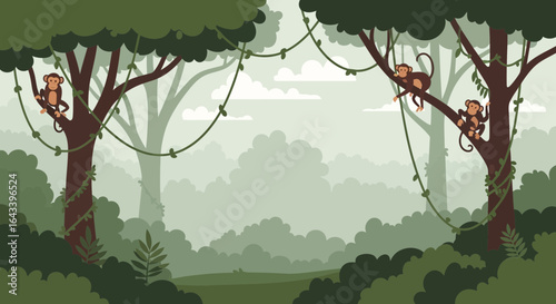 Tranquil jungle scene with playful monkeys amidst lush green foliage