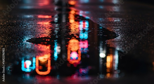 Puddle reflecting city lights at night