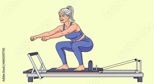 Senior woman performing a pilates squat on a reformer machine.