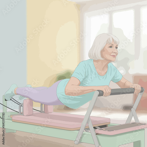 An active senior woman performing a Pilates exercise on a reformer machine, demonstrating strength and flexibility.