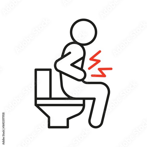 Person sitting in toilet with pain in stomach and defecation diarrhea line icon. Ache belly, indigestion. Vector outline illustration