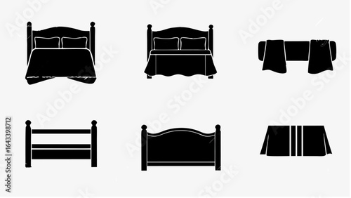 Collection of six different bed frame and bedding illustrations in black and white silhouette style |  editable eps vectors