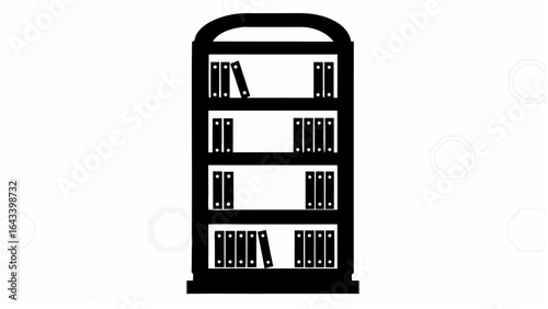Illustration of a black bookcase with four shelves filled with books on a white background view front |  editable eps vectors silhouette