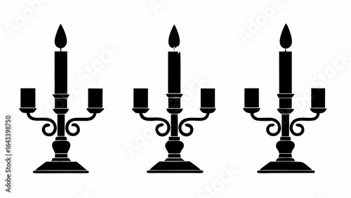 Three black candelabras with lit candles standing side by side on a white background illustration |  editable eps vectors silhouette