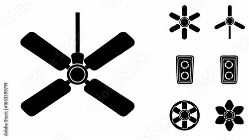 Illustration showing a ceiling fan with four blades and various fan and light designs in black and white |  editable eps vectors silhouette