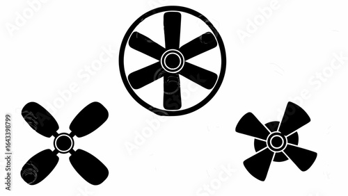 Illustration of three black fans with different blade counts and frame styles on white background |  editable eps vectors silhouette