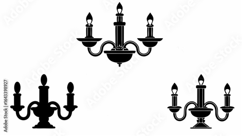 Three black chandeliers each holding three candles with flames on a white background design style |  editable eps vectors silhouette