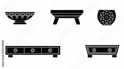 Collection of decorative furniture items including tables, bowl and vases in black and white style |  editable eps vectors silhouette