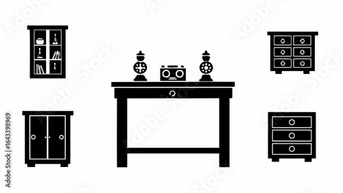 Illustration of various furniture pieces including cabinets table and decorative items in black and white style |  editable eps vectors silhouette