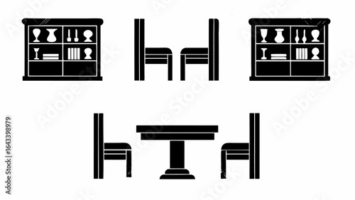 Illustration of a dining room set with a table chairs and two cabinets in a simple black and white style |  editable eps vectors silhouette
