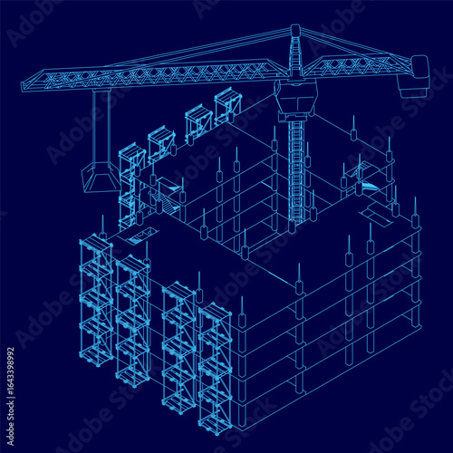 A detailed blueprint of a building under construction features a blue background and structural components like a crane. The city contour highlights the engineering design with precision and clarity.