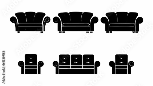 An arrangement of six black silhouette style armchairs and sofas on a white background image display |  editable eps vectors