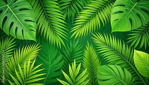 Lush tropical foliage background featuring vibrant green palm and monstera leaves