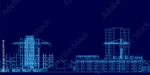 A detailed blueprint of an industrial factory under construction, featuring multiple buildings and cranes on a dark blue background. The city contour lines highlight the architectural layout.