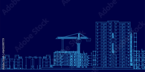 A detailed building blueprint features a prominent crane at the center, set against a dark blue background. The architectural design includes various shapes, visible windows, and doors.