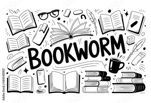 An enthusiastic bookworm surrounded by open books, stacked volumes, glasses, notebooks, pens, and steaming mugs, celebrating boundless imagination and lifelong reading.