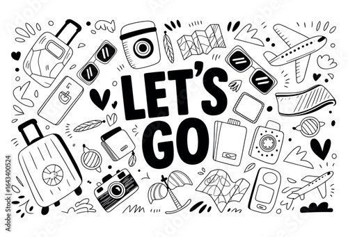 Whimsical travel doodle collage centered on the bold phrase Let's Go, showcasing luggage, cameras, maps, passports and airplanes to evoke immediate adventure and exploration.