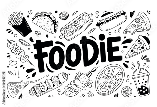 Bold central typography reads foodie as a dynamic black-and-white collage of pizza, burgers, tacos, fries, sandwiches, and citrus drinks celebrating appetite and flavor.