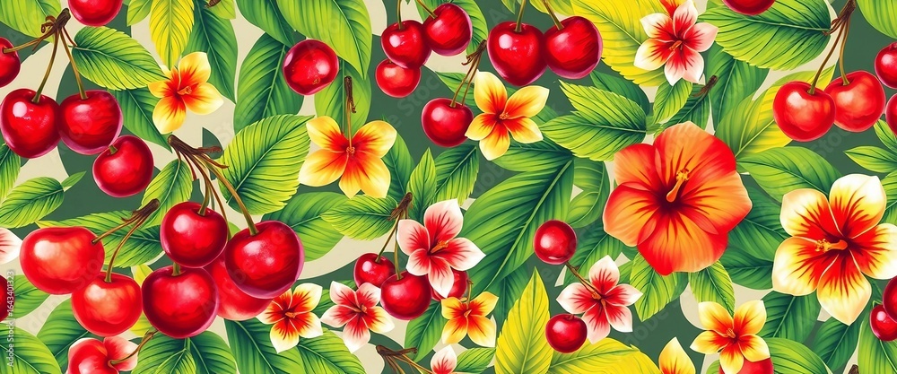 Obraz premium Tropisches nahtloses Muster mit roten Kirschen, grünen Palmenblättern und Hibiskusblüten in kräftigen Sommerfarben.