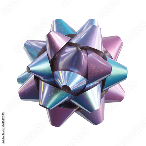 Colorful metallic ribbon bow with iridescent effect, ideal for gift wrapping, holidays, and festive packaging themes.
