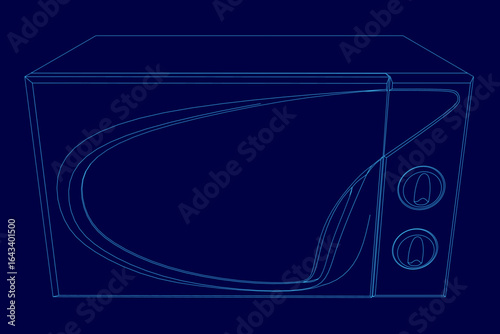Blueprint of a microwave oven with detailed contour lines and technical specifications on a clean blue background. The design includes precise measurements and component layouts for engineering.