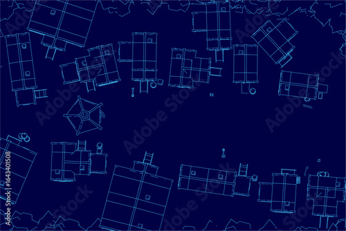 A medieval-style house blueprint on a blue background displays detailed architectural contours and layout. The environment features precise linework, showcasing rooms and structural elements.