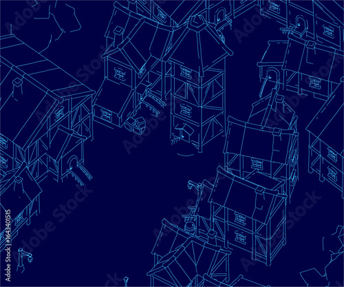 A medieval town blueprint features a grid of uniquely designed houses with detailed contours on a blue background. The white structures contrast sharply against the vibrant backdrop.