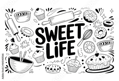 Vibrant monochrome illustration celebrating a sweet life with baking joy, featuring cupcakes, donuts, pies, pastries, rolling pin, whisk, spoon, bowl, and charming kitchen whimsy