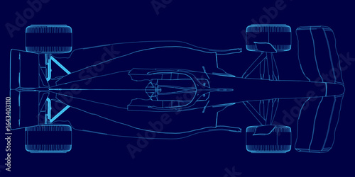A detailed blueprint of a Formula 1 car features sleek contours and aerodynamic design on a vibrant blue background. The technical drawing highlights precision engineering with visible components.