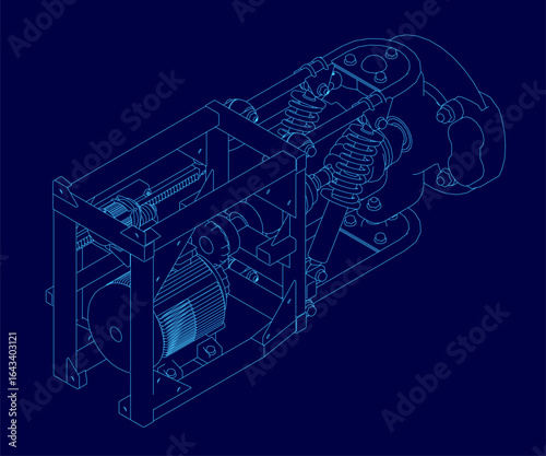 A detailed blueprint of a modular winch features an electric motor and suspension system on a blue background. The contour lines highlight precise engineering and mechanical components.