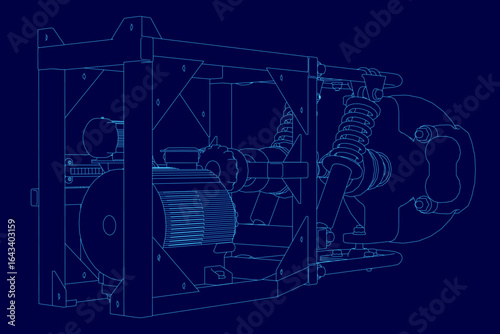 A detailed blueprint of a modular winch features an electric motor and suspension system on a blue background. The contour lines highlight precise engineering and mechanical components.