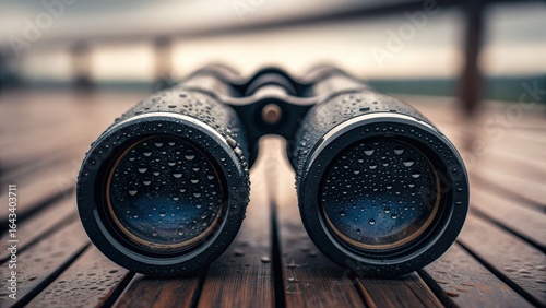 Cargo ship in storm, A close-up view of binoculars with water droplets on the lenses, resting on a wooden surface, suggesting exploration and outdoor activities.