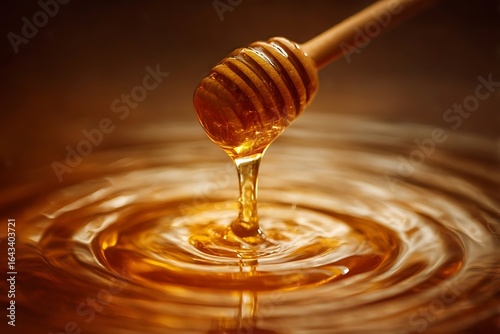 Golden honey dripping from wooden dipper into rippling surface