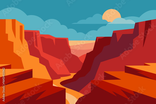 Illustration of a grand canyon with a river and sunset view