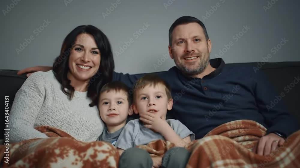 Family of four sitting together on a couch, wrapped in a blanket, smiling warmly at the camera Family of four sitting together on a couch, wrapped in a blanket, smiling warmly at the camera