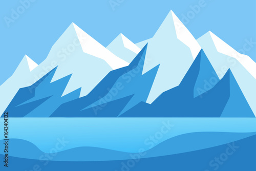 Illustration of snowy mountains and blue water landscape