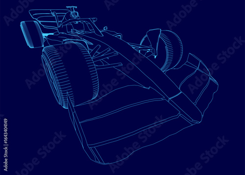 A sleek Formula 1 car blueprint features detailed contours and aerodynamic elements on a contrasting blue background. The technical drawing highlights the sportcar's precision engineering and dynamic.