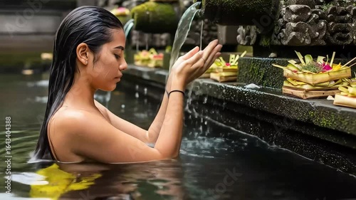 Woman Cleansing in Balinese Temple Pool with Stone Fountains and Floral Offerings at Ubud in Bali Indonesia with Flowing Water in Natural Setting