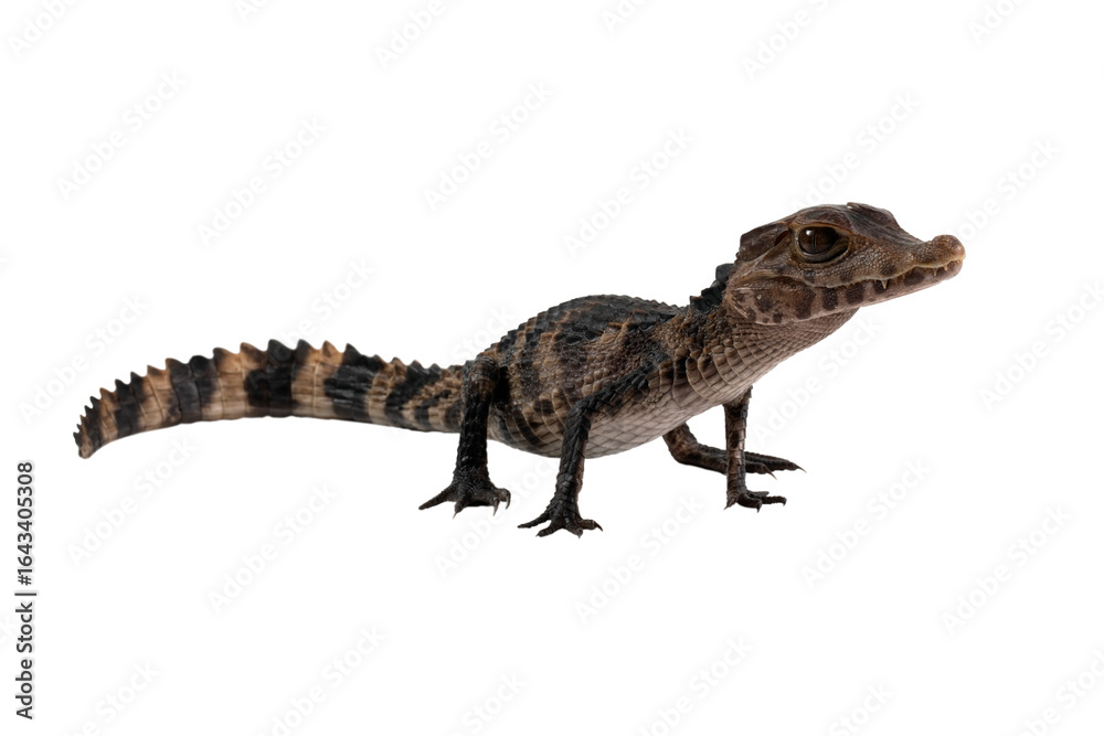 Fototapeta premium Cuvier's dwarf caiman (Paleosuchus palpebrosus) closeup isolated on white background, Cuvier's dwarf caiman (Paleosuchus palpebrosus) closeup