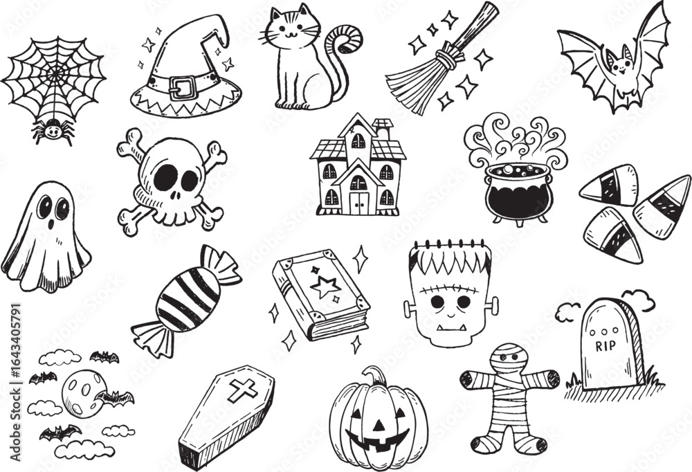 Fototapeta premium Collection of Halloween themed doodles includes witch hat black cat broomstick bat spider web ghost skull haunted house cauldron candy spell book Frankenstein monster tombstone coffin pumpkin