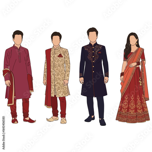 Elegant illustration of a family in traditional South Asian wedding attire.